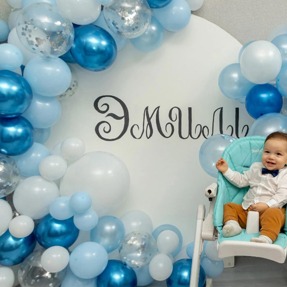 Paready blue balloons with ribbons ready for quick decorating