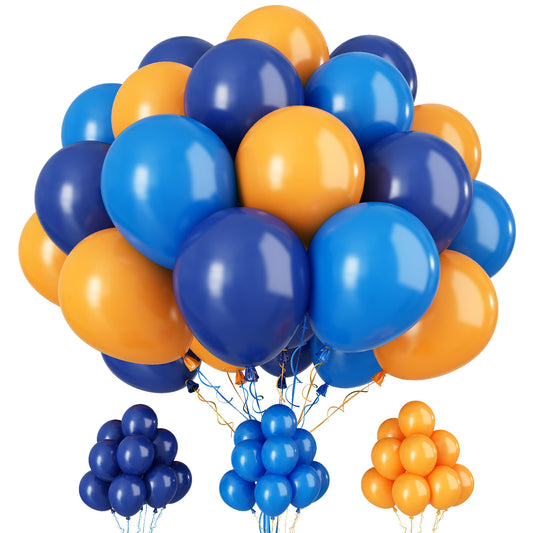 Paready blue and orange balloons setup for vibrant party decor.