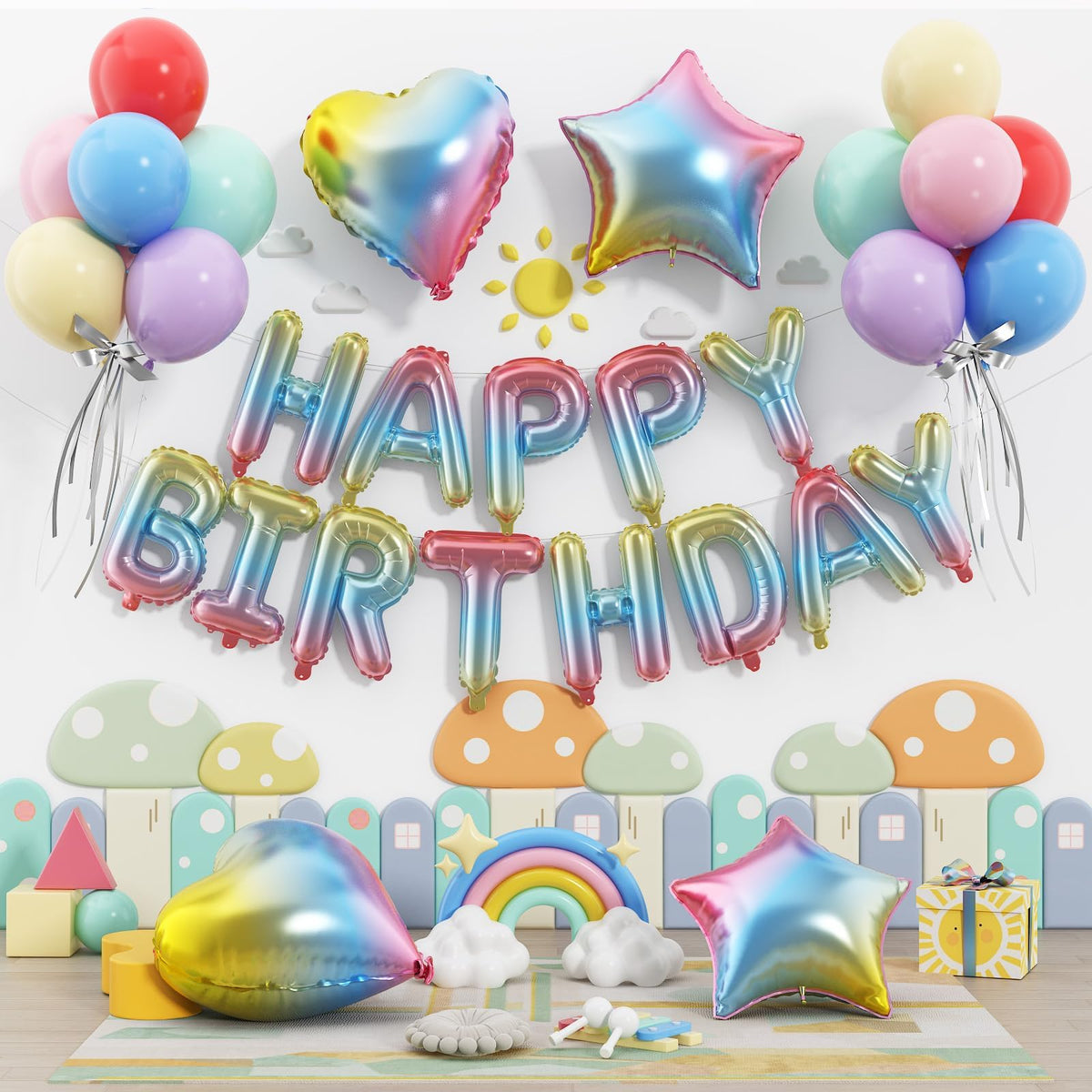 Paready gradient HAPPY BIRTHDAY banner 16in foil creates a bright photo backdrop.