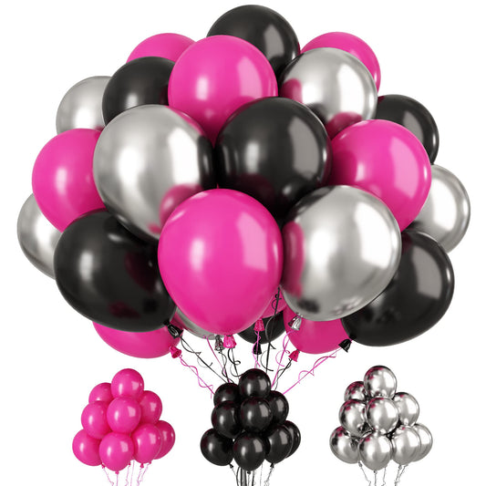 Paready hot pink, black and silver balloons for vibrant 12-inch party decor.