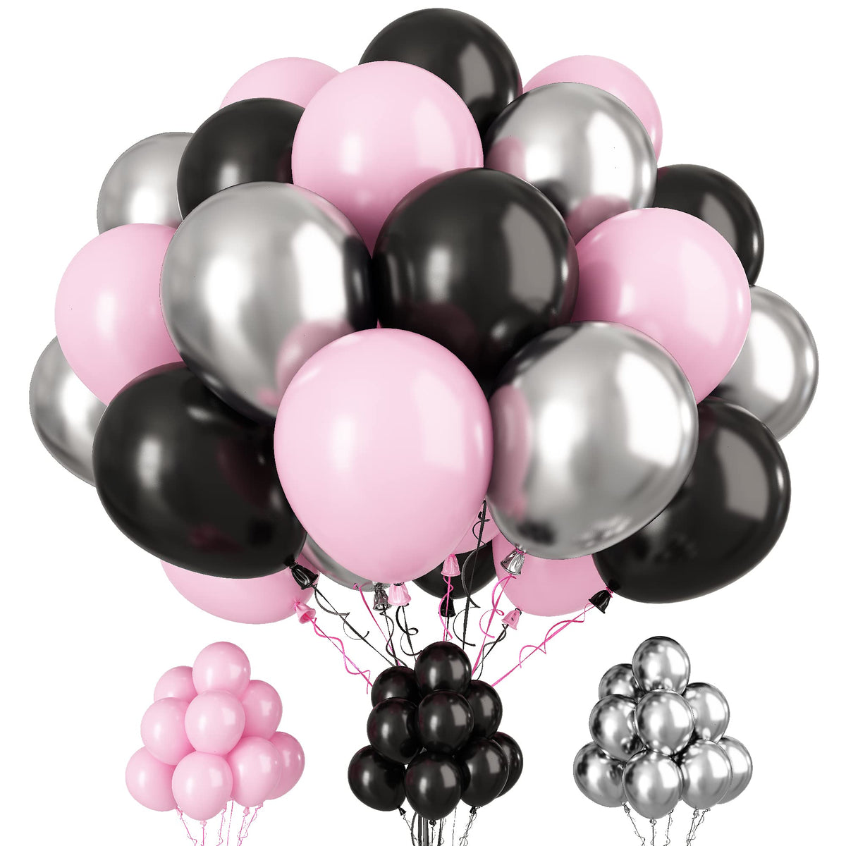 Paready pink and black balloons arranged for a chic party backdrop