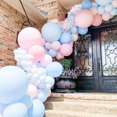 Paready pink and blue confetti balloons create playful bursts for festive photos