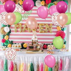 Paready rose gold confetti balloons sparkle under lights for festive moments.