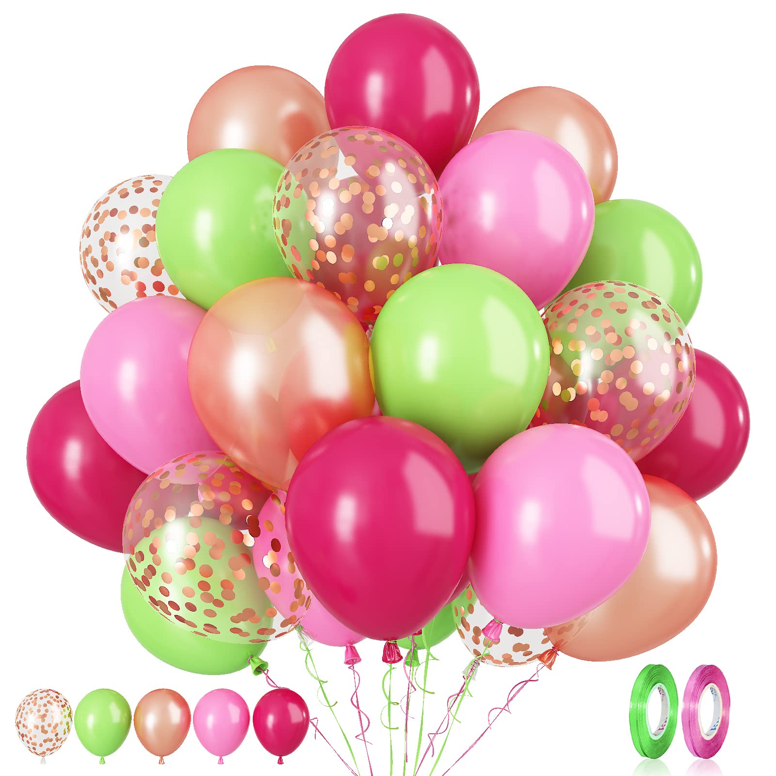 Paready tropical party balloons in green, pink, and rose gold confetti for vibrant luau decor.
