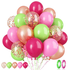 Paready tropical party balloons in green, pink, and rose gold confetti for vibrant luau decor.