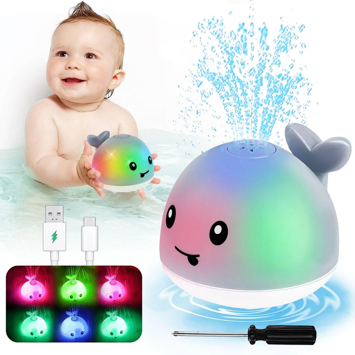 PARHILYAR light-up whale bath toy sprinkler enhances bath time fun with LEDs.