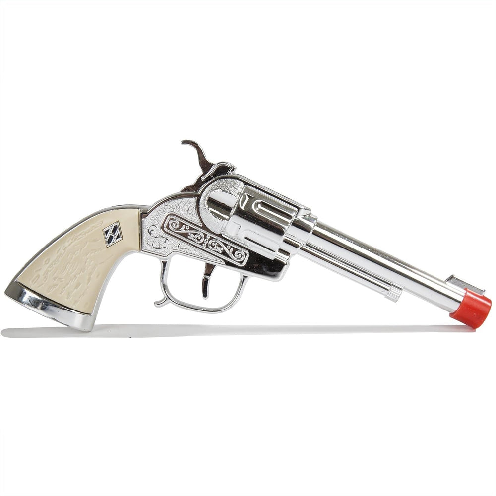 Close-up of die-cast pistol in PARRIS Stagecoach set for sturdy feel