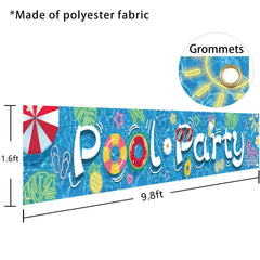 Partico pool party banner in luau theme enhances tropical vibe.