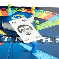 PARTNERS colored pawns racing toward finishing zones on the board
