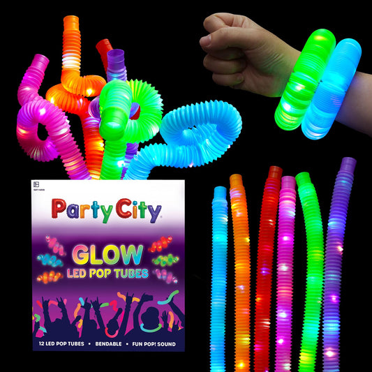 Party City 12pk LED light up pop tubes stretched to 25 inches for dramatic glow