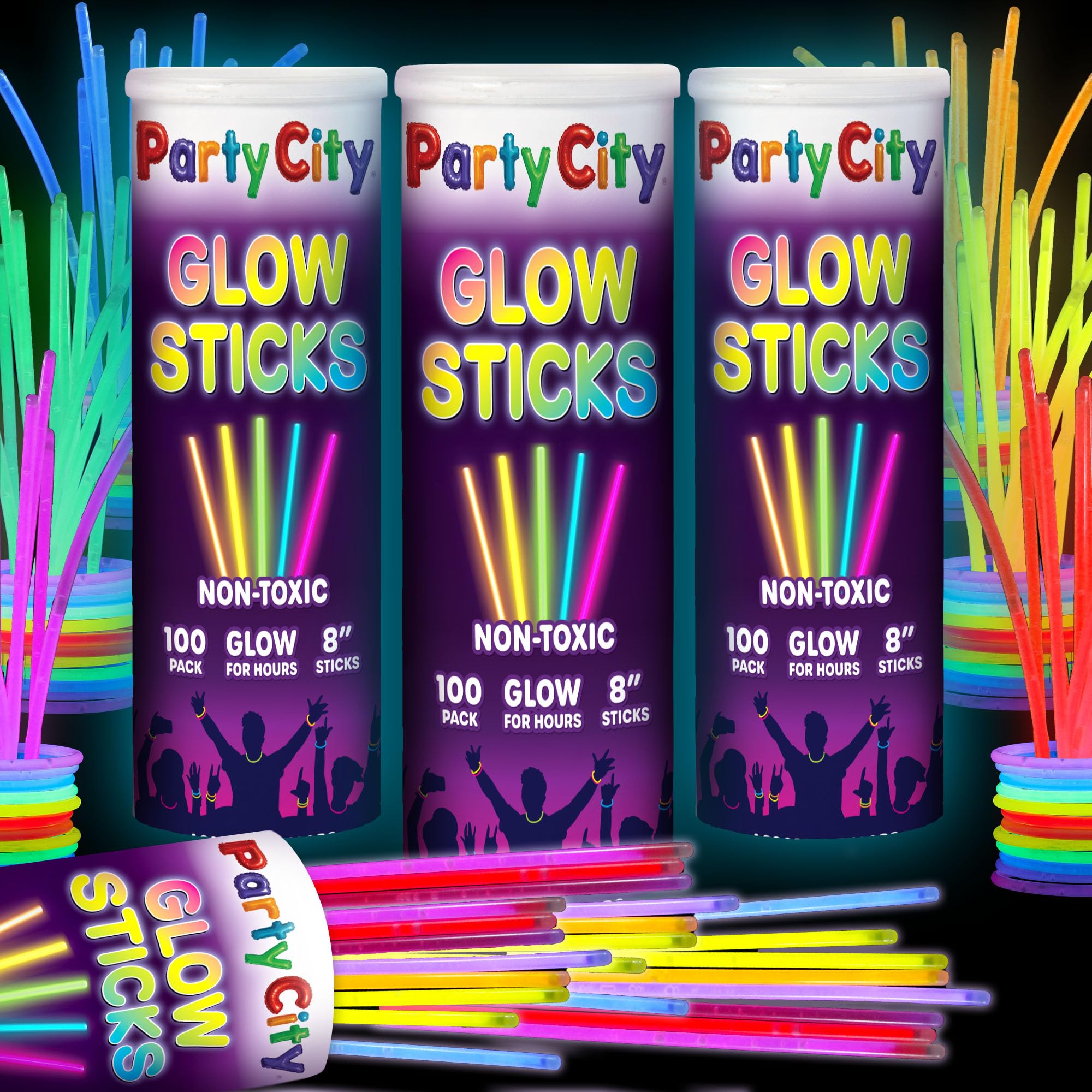 Party City 300 Glow Sticks 8-inch pack glows brightly for vibrant party lighting and color coordination.