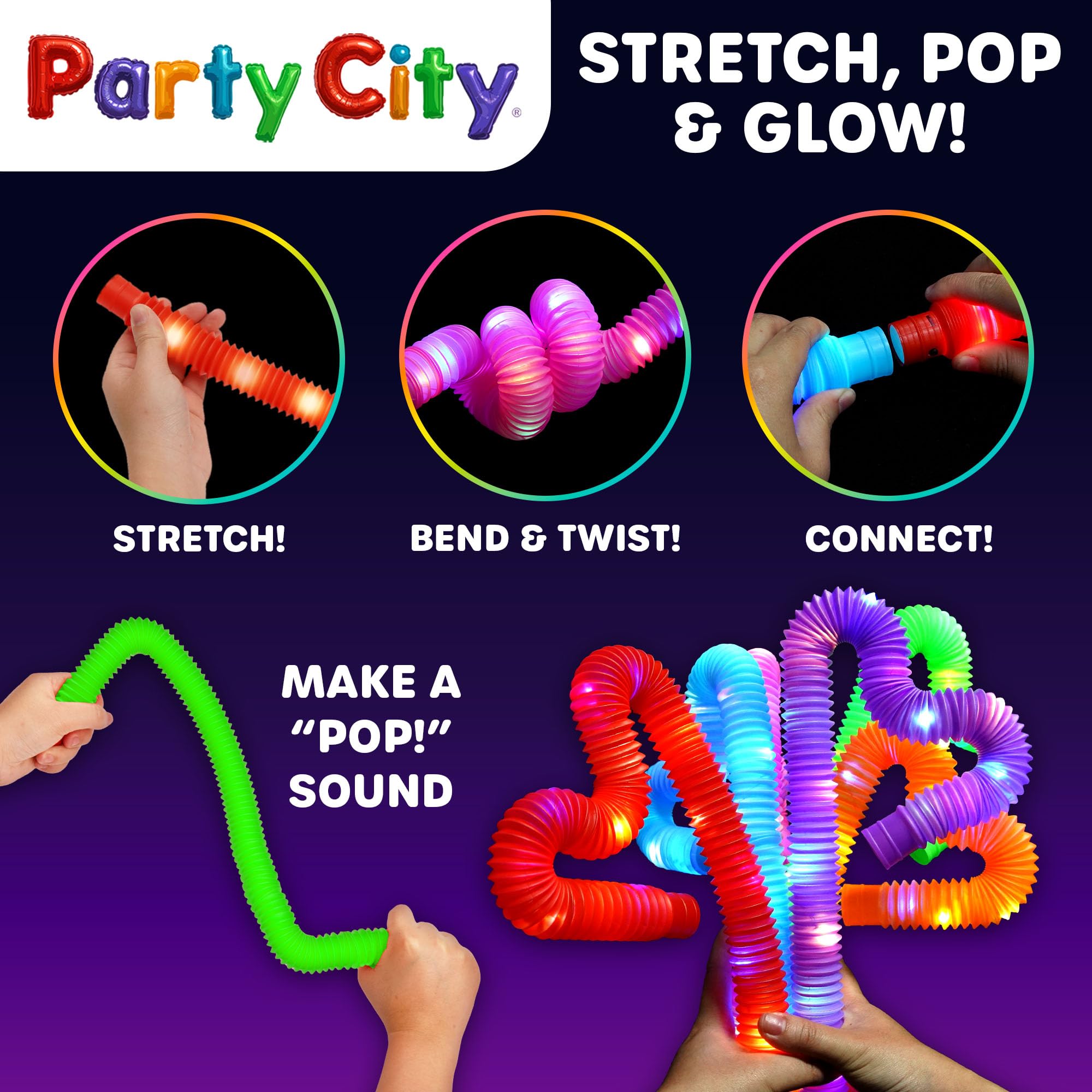 Party City pop tubes with 3 LED modes offer versatile glow options