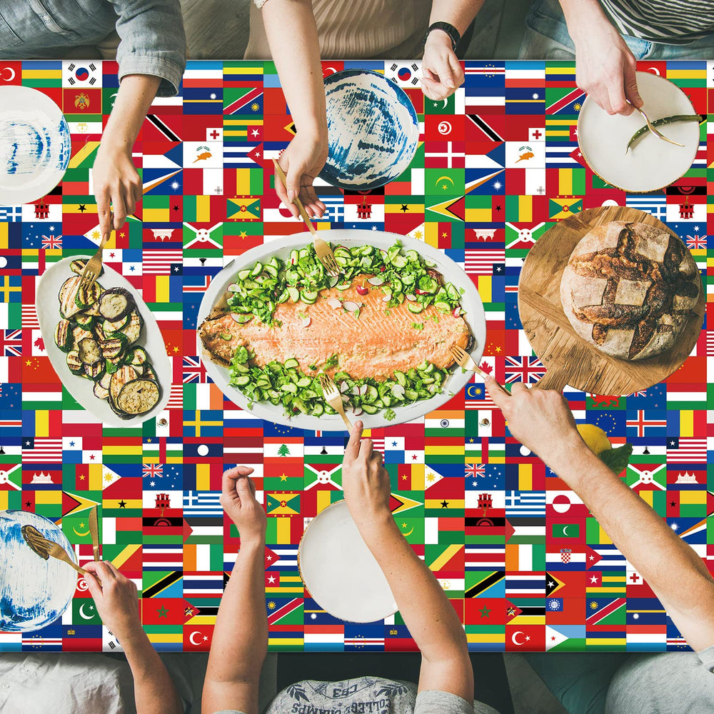 Party Greeting birthday decor tablecloth featuring world flag patterns