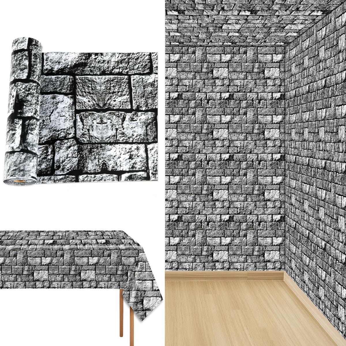 Party Greeting brick stone wall tablecloth creates medieval backdrop for tables.