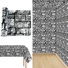 Party Greeting brick stone wall tablecloth creates medieval backdrop for tables.