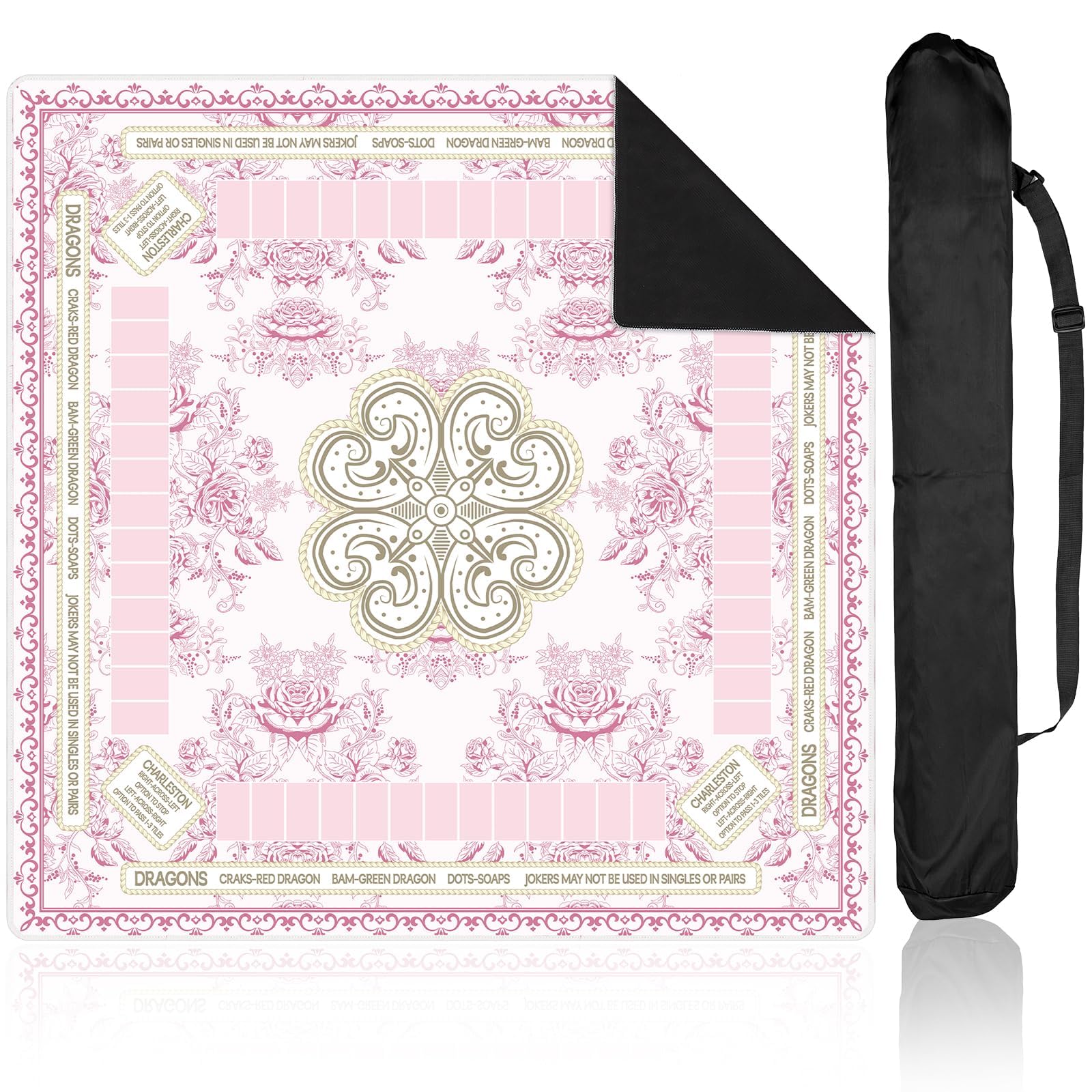 Party Greeting chinoiserie mahjong mat pink design for stylish tabletop gaming and protection.