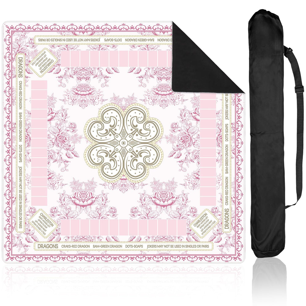 Party Greeting chinoiserie mahjong mat pink design for stylish tabletop gaming and protection.
