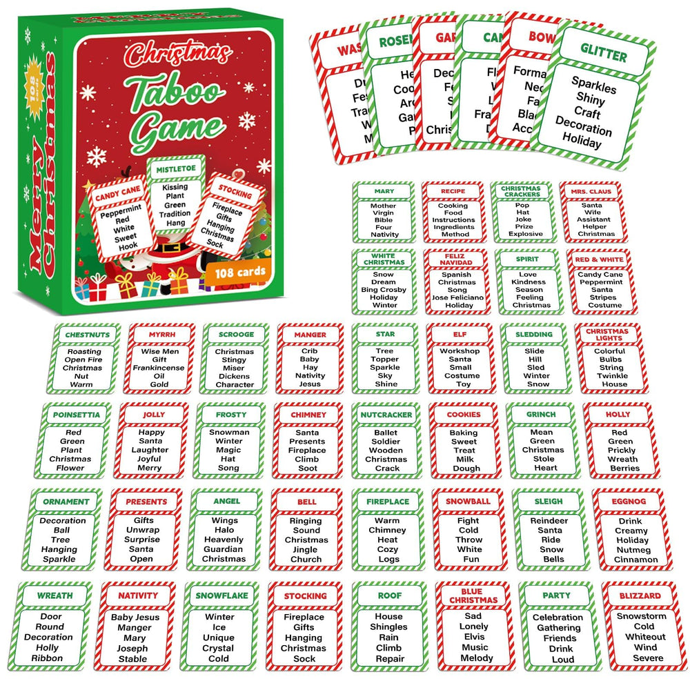Party Greeting Christmas Taboo cards laid out for a lively family game night.