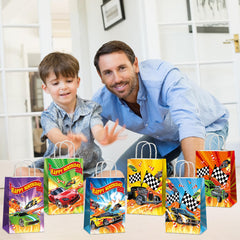 Party Greeting hot car wheel bag set offers six designs to suit racing-themed events.