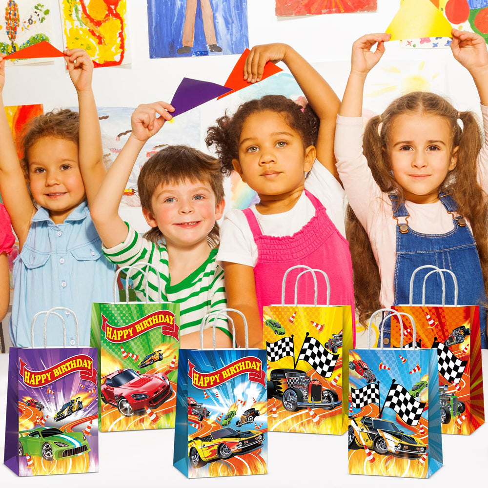 Party Greeting hot car wheel bag is sized 8.3 x 5.9 x 3.2 inches, roomy for goodies.