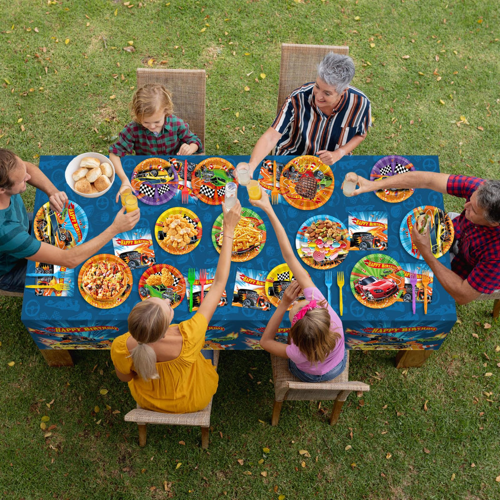 Party Greeting race car decor setup ideal for quick party styling and photos.