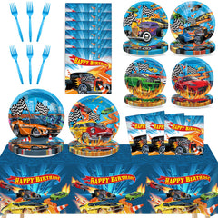 Party Greeting Race Car dinner plates with vibrant designs for kids' birthday celebrations.