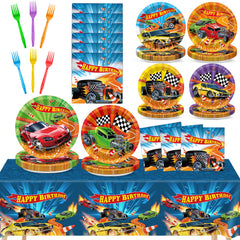 Party Greeting race car dinner plates showcase bold colors for a kid-friendly celebration.