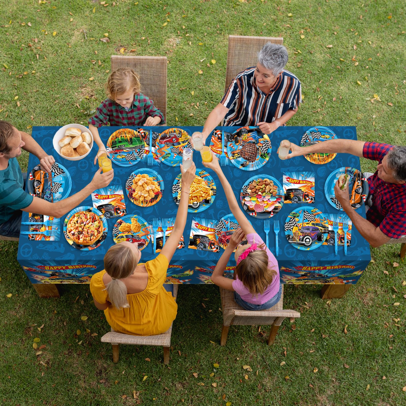 Party Greeting Racetrack table cover center image highlights track line design.
