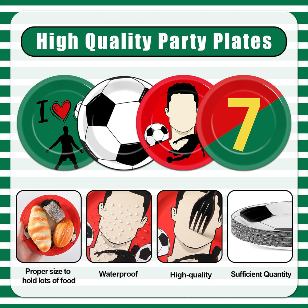 Party Greeting soccer plates displayed on table for easy color coordination.