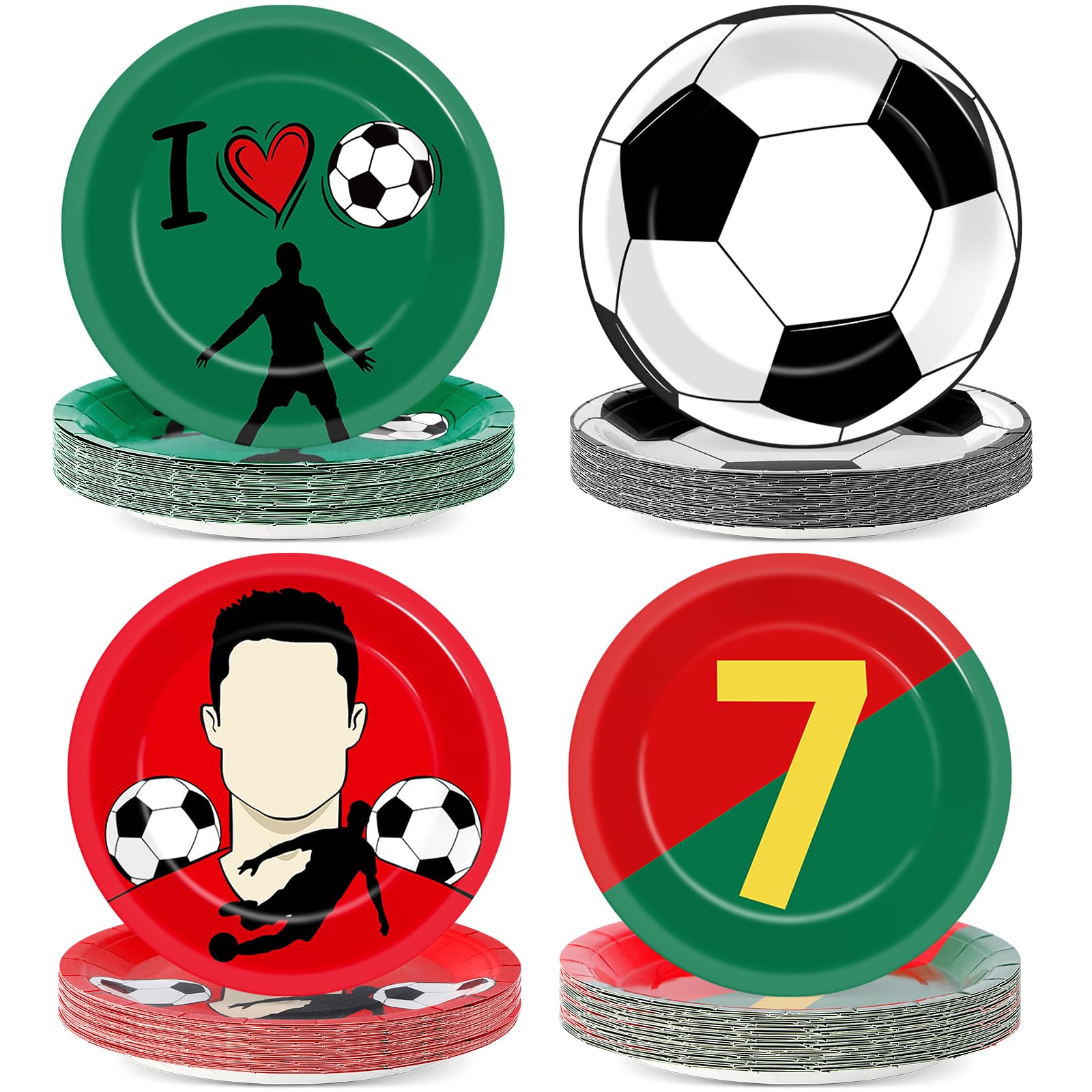 Party Greeting soccer plates with red-green soccer-ball pattern for vibrant table decor.