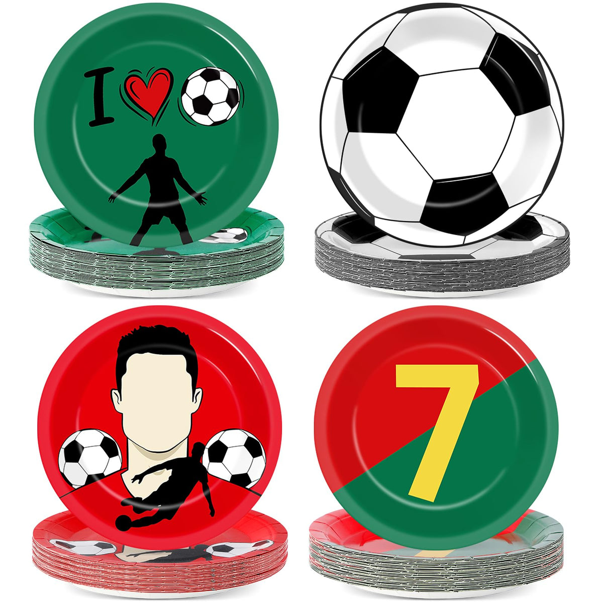 Party Greeting soccer plates with red-green soccer-ball pattern for vibrant table decor.