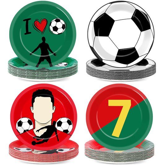 Party Greeting soccer plates with red-green soccer-ball pattern for vibrant table decor.