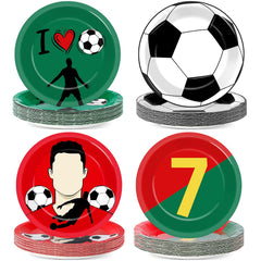 Party Greeting soccer plates with red-green soccer-ball pattern for vibrant table decor.