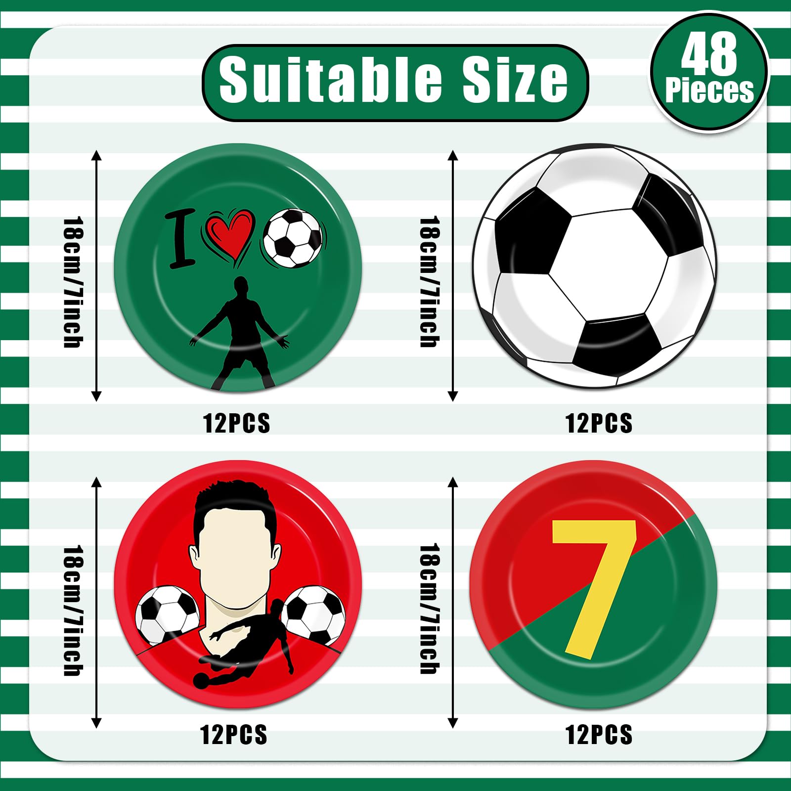 Party Greeting soccer plates feature soccer stars and jersey-inspired details for celebrations.