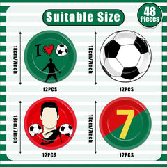 Party Greeting soccer plates feature soccer stars and jersey-inspired details for celebrations.