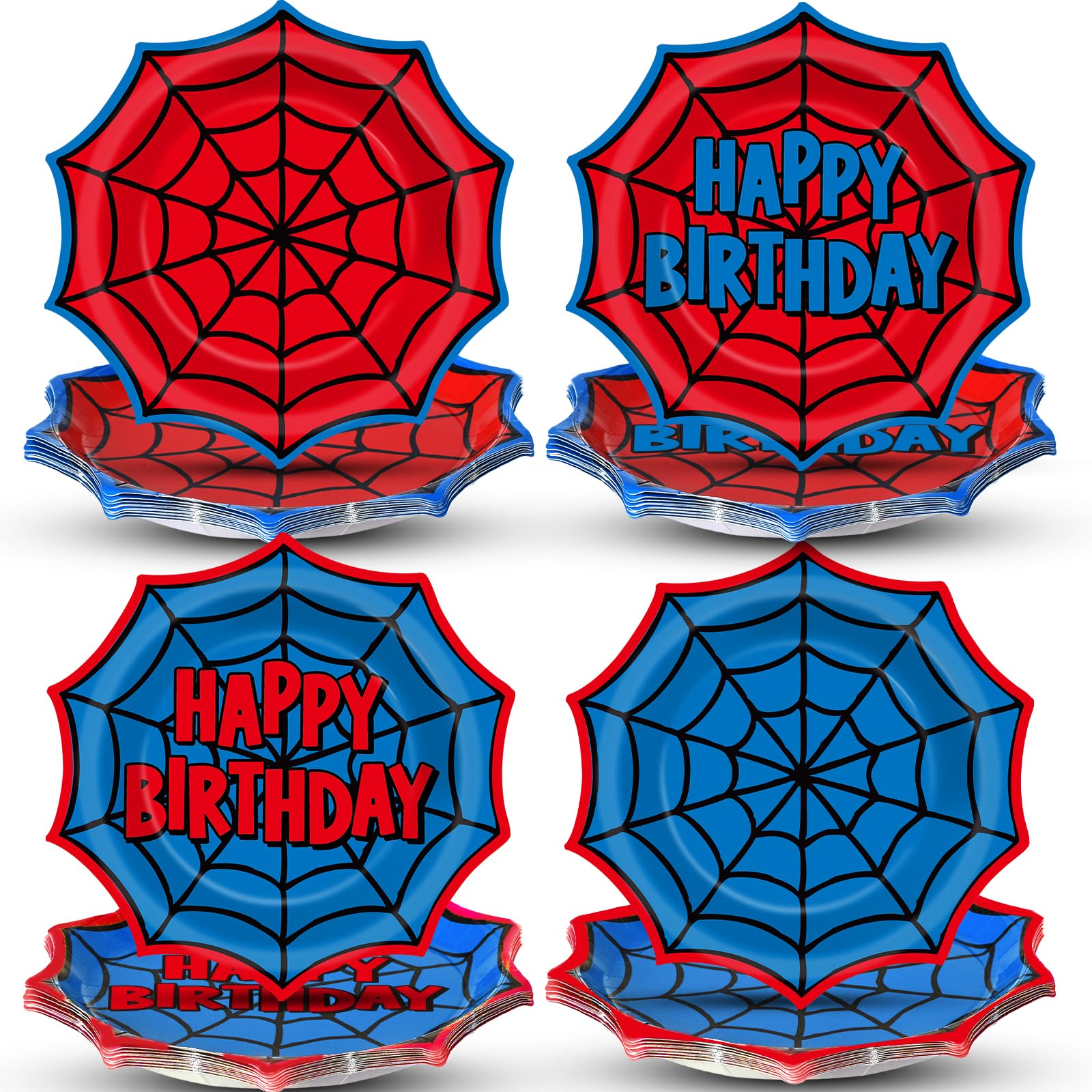 Party Greeting red-blue spiderweb plates enhance birthday tables with vibrant 9-inch servings.