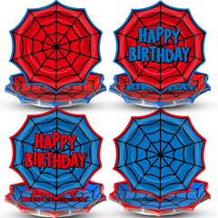 Party Greeting red-blue spiderweb plates enhance birthday tables with vibrant 9-inch servings.