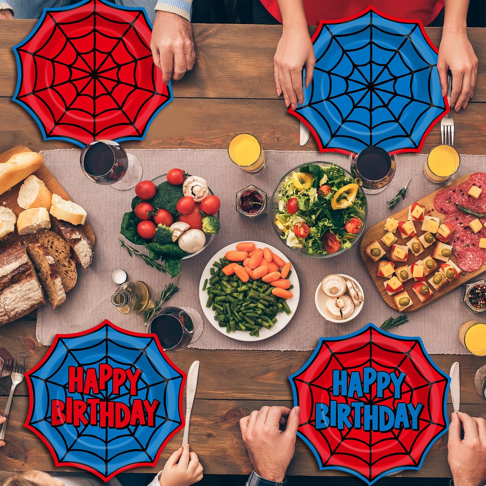 Party Greeting spider plates shown stacked for easy setup and cleanup.