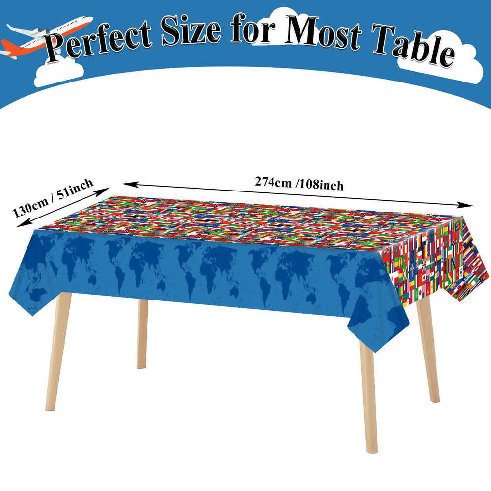 Party Greeting world map themed tablecloth adds vibrant ambiance to celebrations