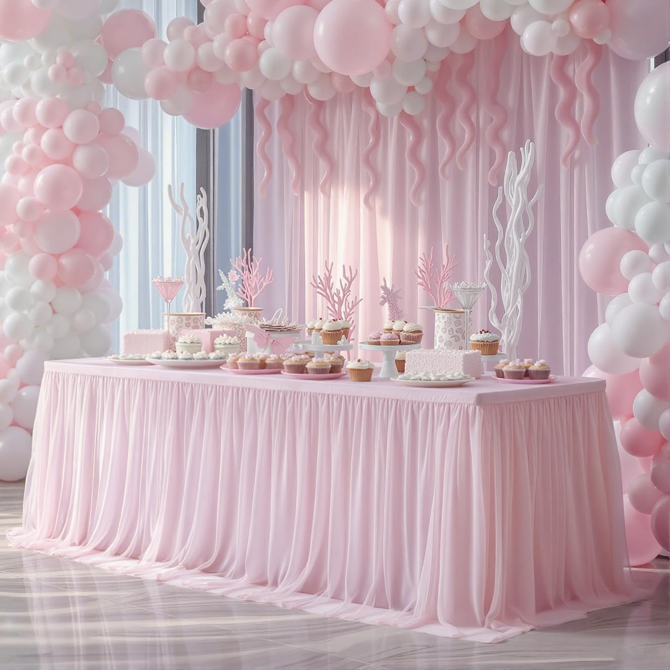 Party Talk pink tulle tablecloth with 6ft fit, front view for party tables.
