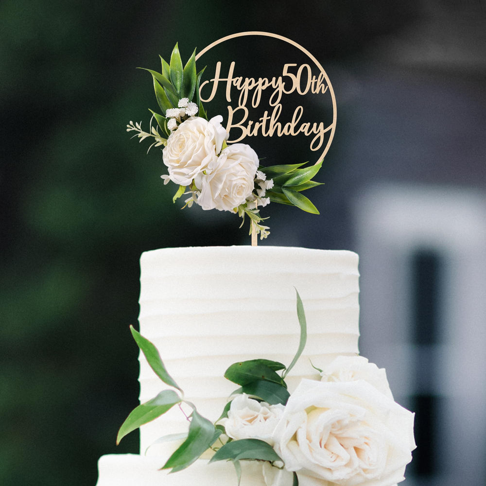 Party to Be Happy 50th birthday topper with 3D white roses elevates cake presentation.