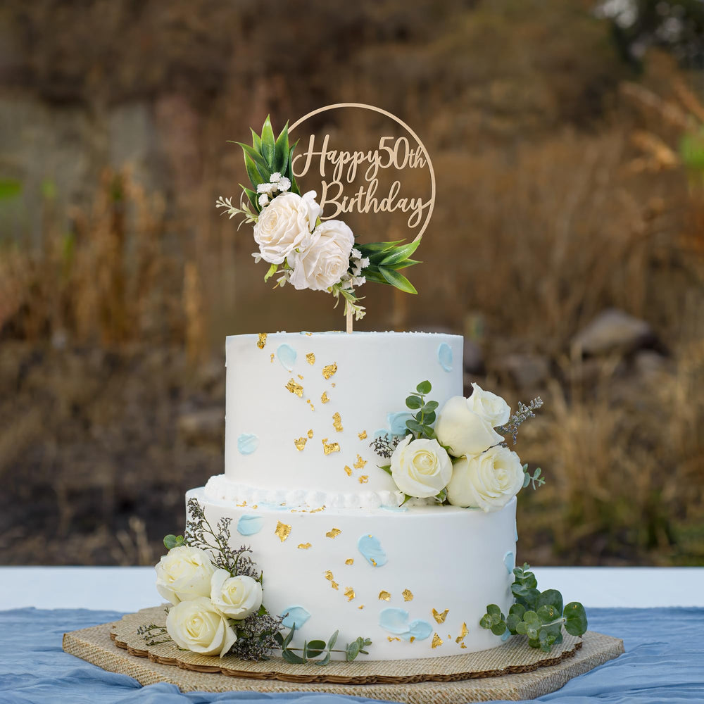 Party to Be Happy leaves and roses enhance cake styling with green accents.