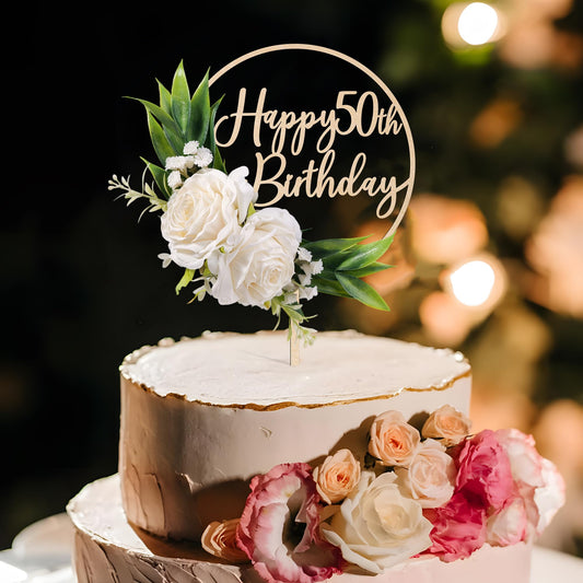 Party to Be Happy wooden cake topper with satin flowers creates lasting keepsake.