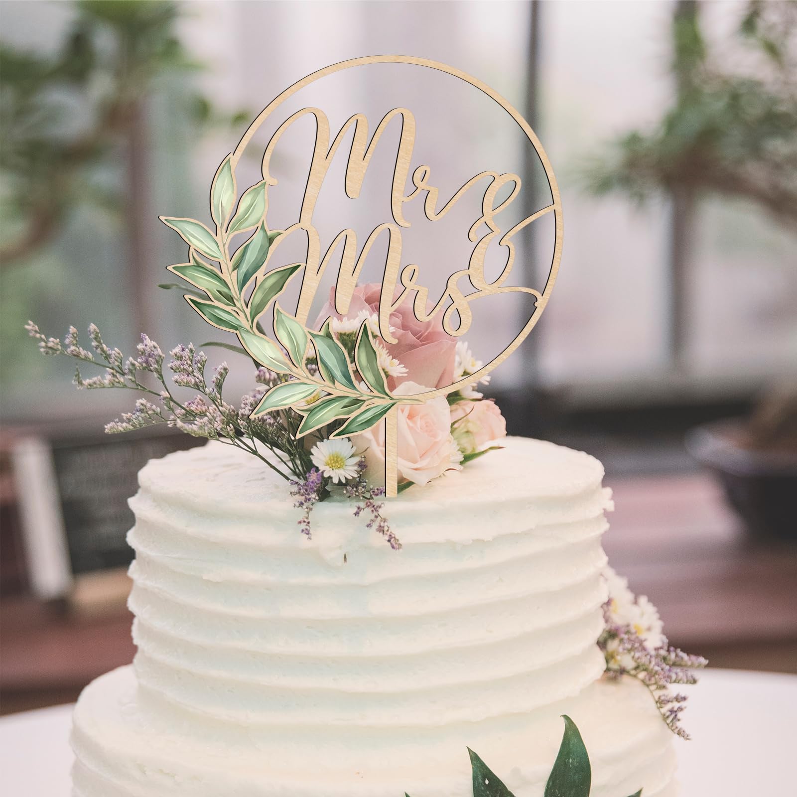 Party to Be Mr & Mrs Greeny wooden topper on cake adds rustic charm.
