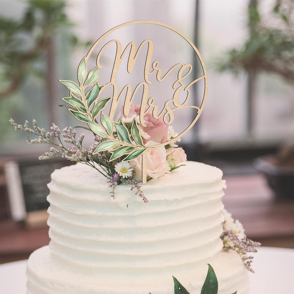 Party to Be Mr & Mrs Greeny wooden topper on cake adds rustic charm.