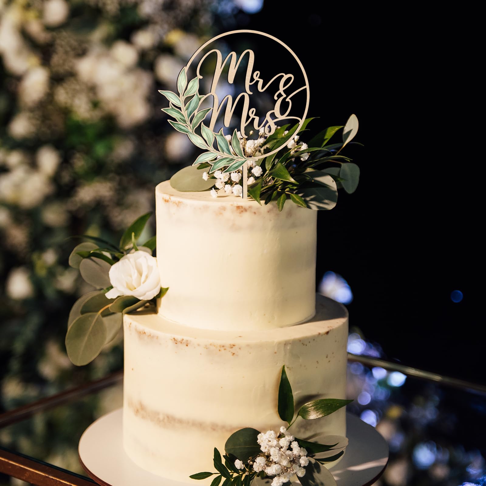 Party to Be Mr & Mrs Greeny cake topper side view highlighting elegant silhouette.