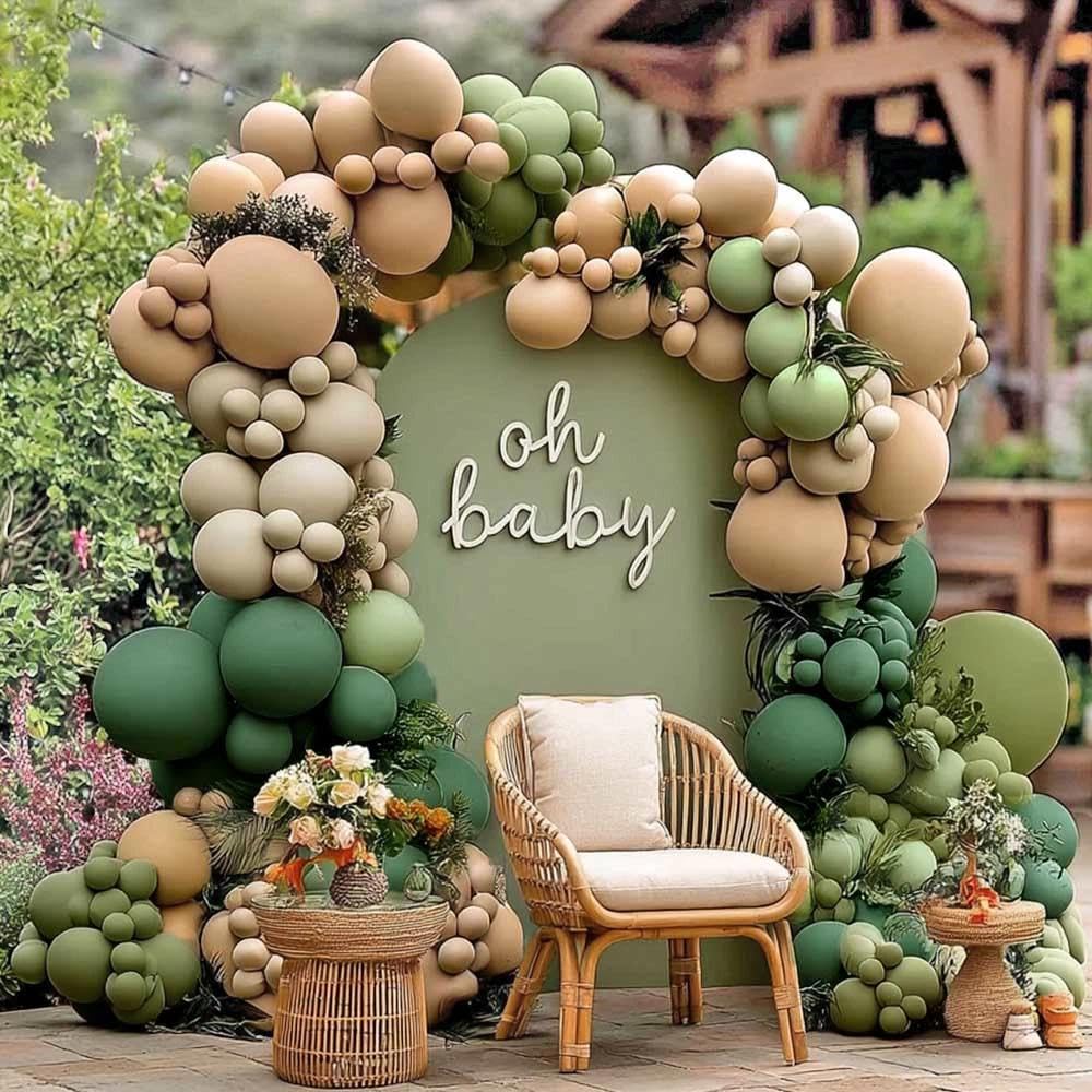 Partycus sage green and brown balloon arch kit creates a chic neutral backdrop