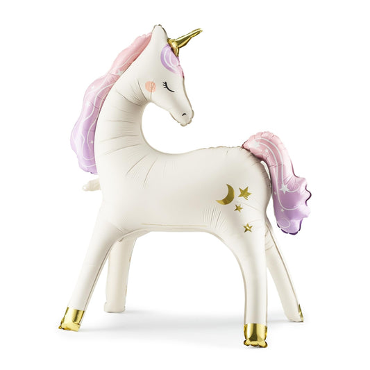 PartyDeco giant standing unicorn balloon, white foil, perfect centerpiece for birthdays.