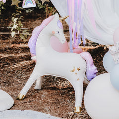 PartyDeco white unicorn foil balloon with gold horn, ideal for baby showers.