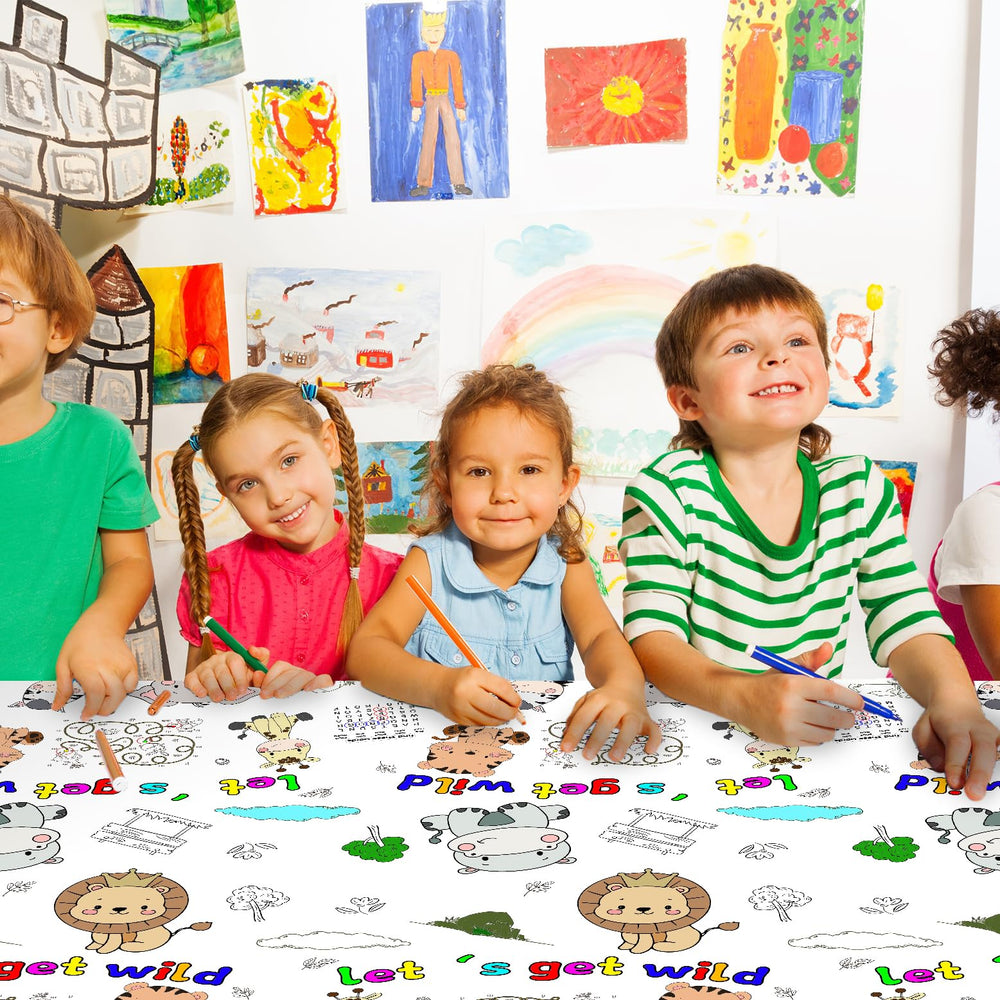 PartyGarden color-in tablecloth doubles as wall art after the party.